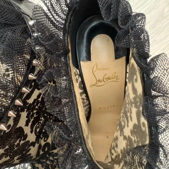 Christian Louboutin Black Lace Studded Ankle Boots - Picture 7 of 7